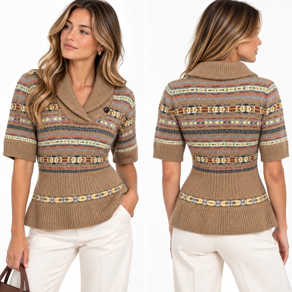 Ralph Lauren Blue Label Fair Isle Sweater Short Sleeve Peplum Wool Cashmere XL